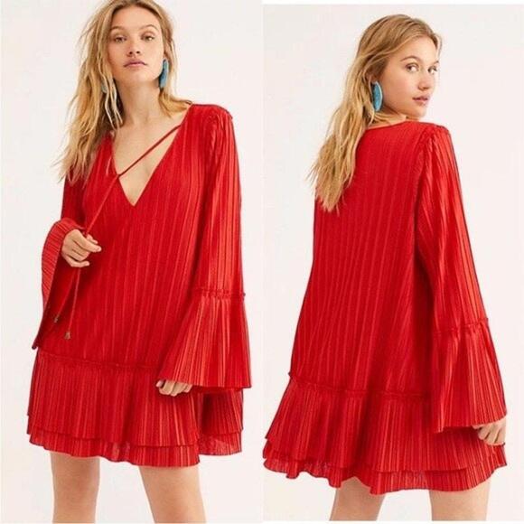 NWOT Red Free People Can't Help It Pleated Mini Dress - Picture 1 of 7